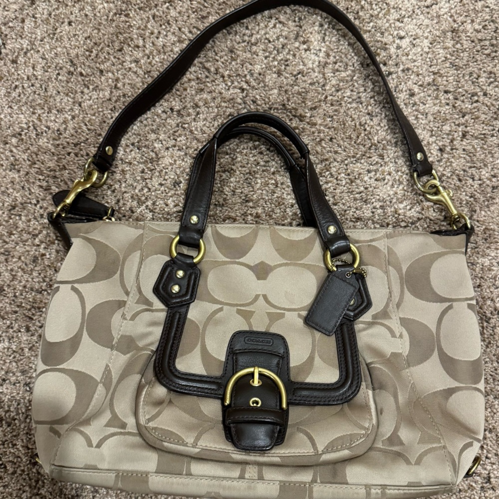 Coach Beige Signature Canvas Satchel with Dark Brown Leather Trim